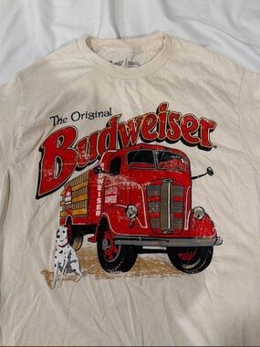 Cropped Budweiser Cream Tee with Red Truck Graphic